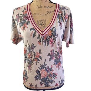 Twinset Simon Barbieri Beige Floral Print Deep V-Neck Knit Cotton Sweater Sz M